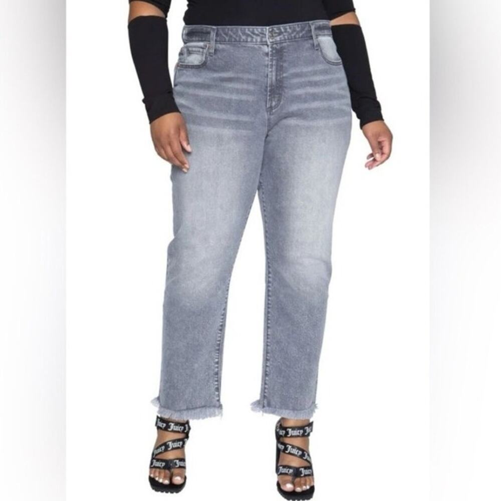 Juicy Couture Venice Straight Jean Women's 14W Gray Marble Wash Denim Fringe Hem